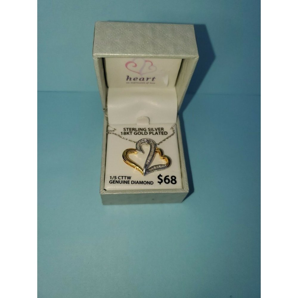 Double Heart Pendant in Sterling Silver and 18k Gold 18" with 1/5 CTTW Diamond